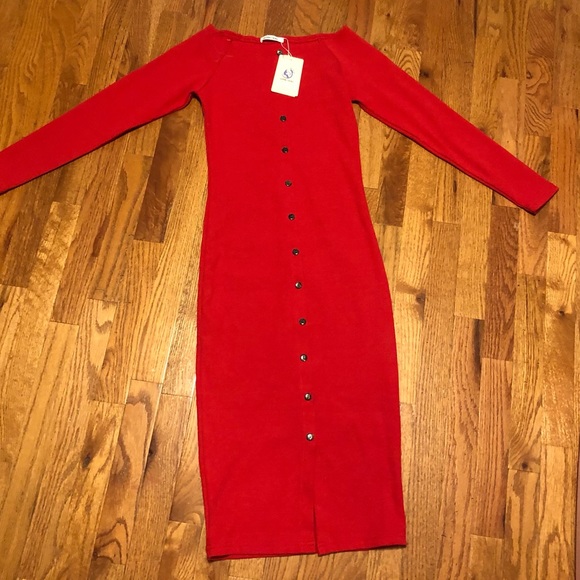 Goddess Area Dresses & Skirts - Red Ribbed Body Con Dress with Long Sleeves Size Large